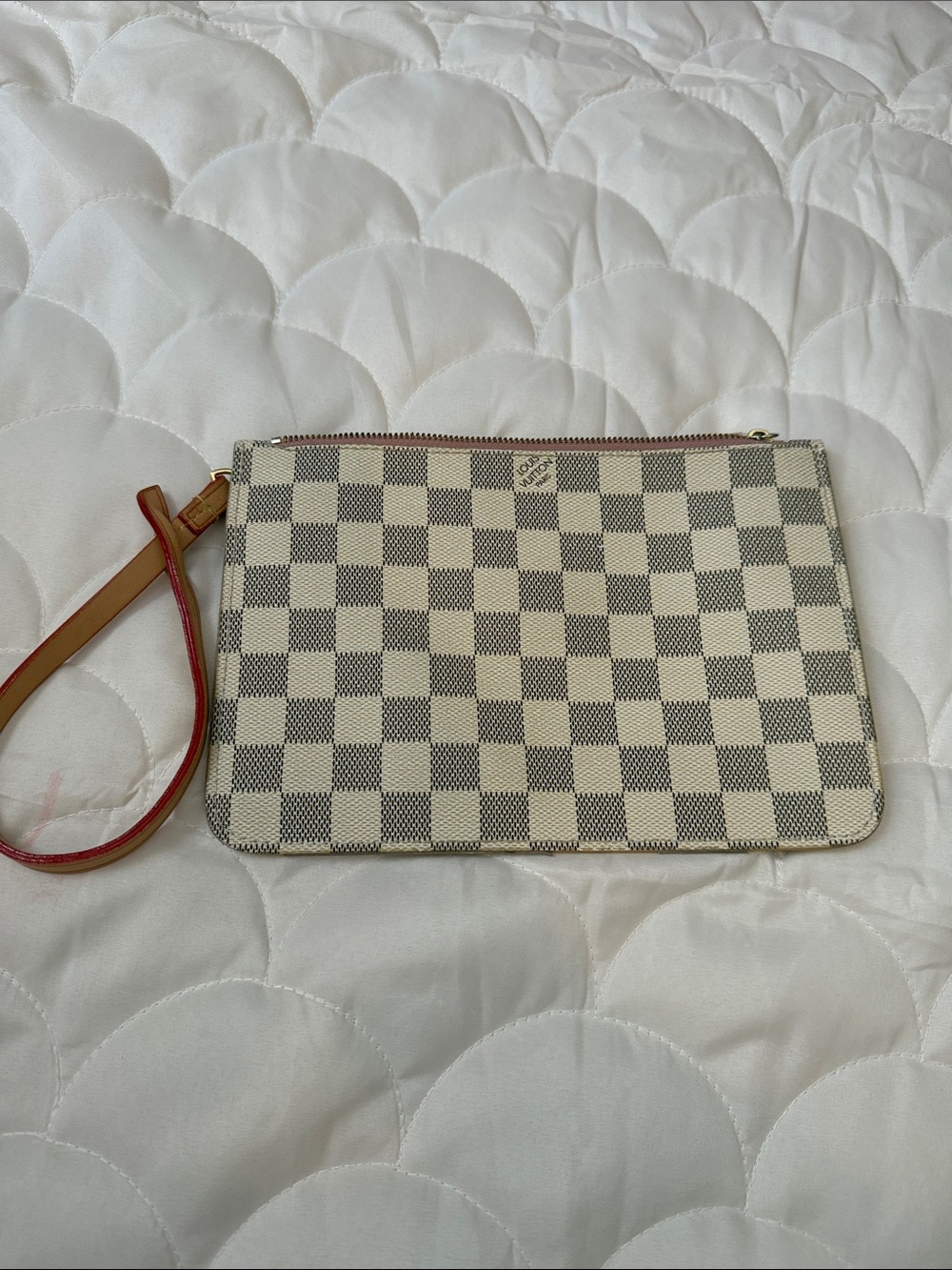Cream and Gray Check Wristlet Clutch with Tan Strap